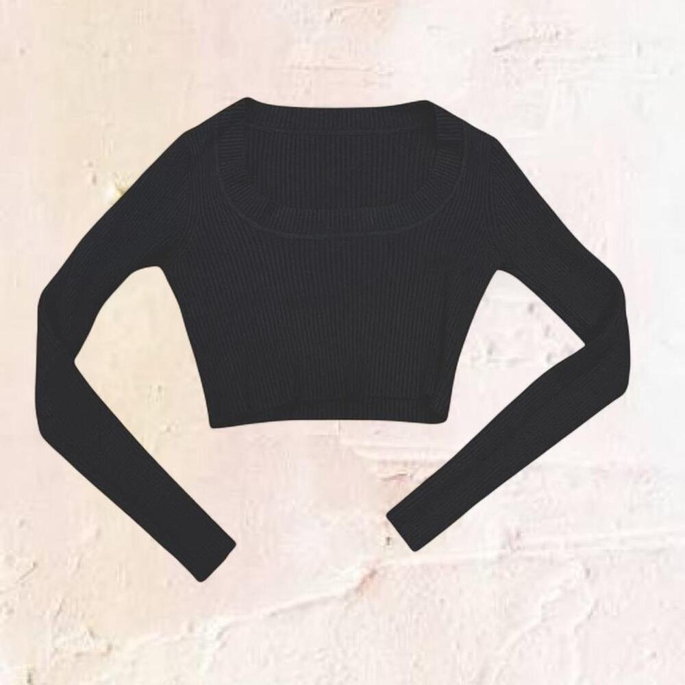 SHEIN Black Long Sleeve Crop Top Fitted Stretch Basic Baby Tee Trendy
